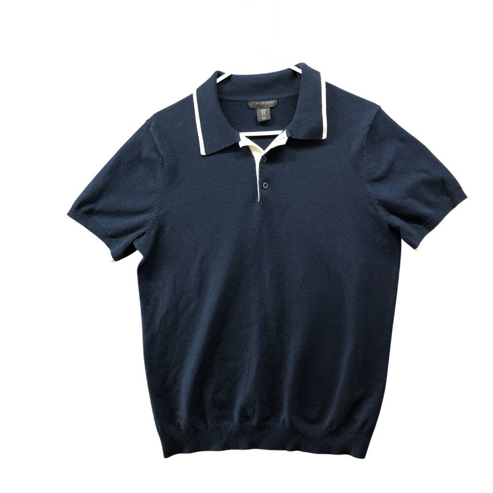 Marconi Tipped Polo Sweater Mens M Navy Blue White Short Sleeve Knit‎